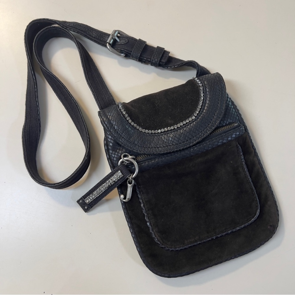 Juicy Couture Vintage Brown Velvet Black Leather trim Rhinestones Shoulder bag